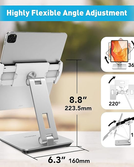 AboveTEK Business Kiosk Aluminum Tablet iPad Stand, 360° Swivel Tablet & Phone Holders for Any 4"-15.6" Display Tablets/Cell Phones/Portable Monitor, Sturdy for Store POS Office (Silver)
