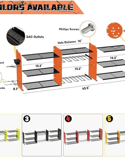 Power Tool Organizer with Charging Station Wall Mount, 3 Layer Expanded Heavy Duty Garage Organization, 45.5 Inch Length Garage Tool Storage, 8 Drills, 2 Assemble Method, Orange