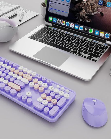 Wireless Keyboard and Mouse Combo, Ergonomic Full Size Typewriter Retro Round Keycaps Keyboard, Compatible with Windows, PC, Perfer for Home and Office Keyboards (Purple