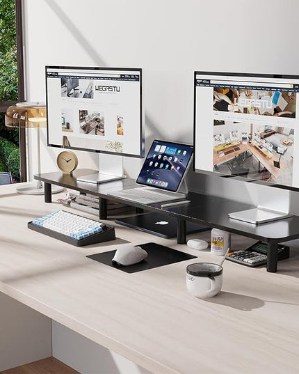 43.7" Extra Long Dual Monitor Stand Riser, Wood & Steel Monitor Stand for 2 Monitors, Wide TV Stand, Desktop Riser for Desk Organization, Home Office，Laptop,Printer,TV (Black)