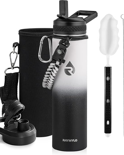 Insulated Water Bottle 24oz, Triple Wall Vacuum Stainless Steel (Cold for 48 Hrs, Hot for 24Hrs), Leak Proof & Non-BPA, 24oz Hydro Water Flask with Paracord Handle & Straw Spout Lids
