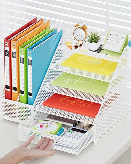 Marbrasse Desk Organizer with File Holder, 5-Tier Paper Letter Tray Organizer with Drawer and 2 Pen Holder,Mesh Desk Organizers and Accessories,Desktop Organizer and Storage for Office Supplies(White)