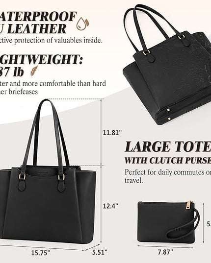 RAINSMORE Laptop Bag for Women 15.6 Inch Work Tote Bags Waterproof Computer Bags Leather Professional Laptop Purse Womens Laptop Briefcase Large Handbag for Office Teacher Travel, Black