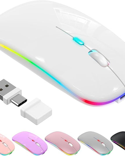 LED Bluetooth Wireless Mouse for MacBook Air Mac Pro Laptop Computer iPad, Rechargeable Silent Light-Up Mouse Jiggler Optical Dual Mode BT5.2 & USB-A/USB-C for Students, Kids, Girls, Boys - White