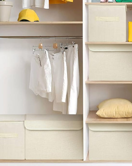 Large 42 Quarts Collapsible Stackable Storage Bins Cube with Lids [3-Pack] Foldable Fabric Linen Storage Boxes, Closet Organizer Baskets with Label for Home (16.7 x 12 x 12, Beige)