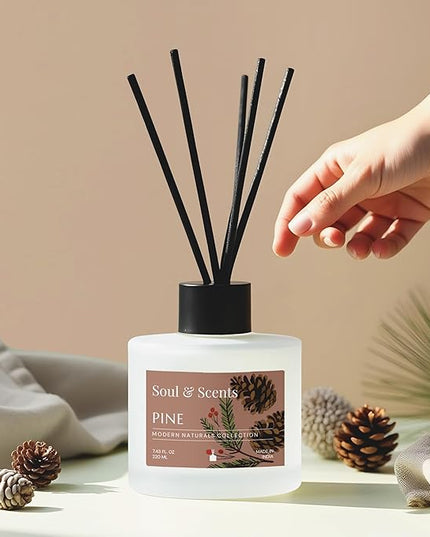 Soul & Scents Reed Diffuser Set – Pine | 7.43 oz Refillable Scented Oil with 6 Fiber Sticks | Long-Lasting Home Fragrance & Air Freshener for Bedroom, Bathroom, Office | Gift & Décor Piece