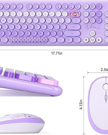 MOFII Wireless Keyboard and Mouse Combo, Full Size 2.4G Plug and Play Typewriter Retro Round Computer Keyboard and Mouse Set for Windows, Computer, Desktop, PC, Notebook - (Purple Colorful)