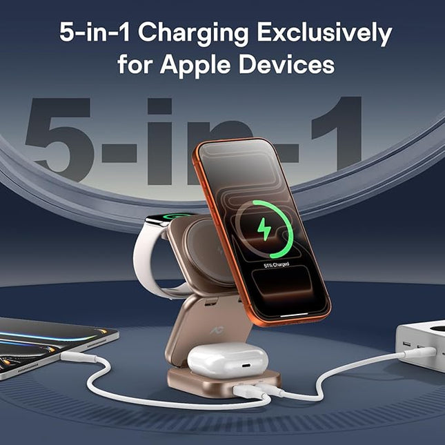 5-in-1 Wireless Charger for MagSafe, AC ISLAND Portable Travel Charging Station, 35W Max Fast Foldable Magnetic Stand, Evolved for iPhone 17-12 & Air Series, Apple Watch, AirPods (with 35W Adapter)