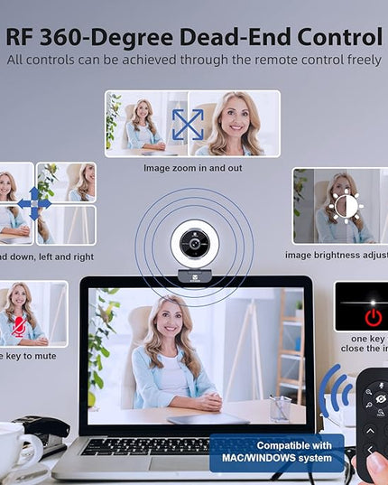 Zoomable Webcam with Remote Control, 1080P 60FPS Streaming Webcam with Adjustable Ring Light and Tripod, Pro USB 5X Digital Zoom Webcam for Zoom/Skype Teams/Laptop/Mac Windows