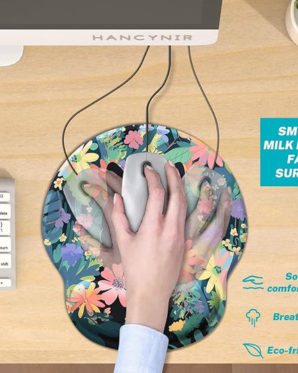 Ergonomic Mouse Pad Wrist Support, Flower Cat Mouse Pads with Wrist Rest, Cute Funny Computer Mousepad with Non-Slip PU Base, Comfortable Mouse Pad for Desk Accessories Office Supplies Decor