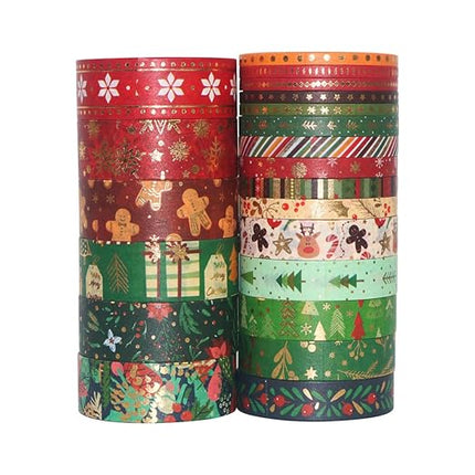 YOUQIWJ 21 Rolls Christmas Gold Foil Washi Tape - Holiday Decor with Snowflake, Deer, Tree Designs - Self-Adhesive Tape for DIY Crafts, Wrapping,Scrapbooking Party Favors