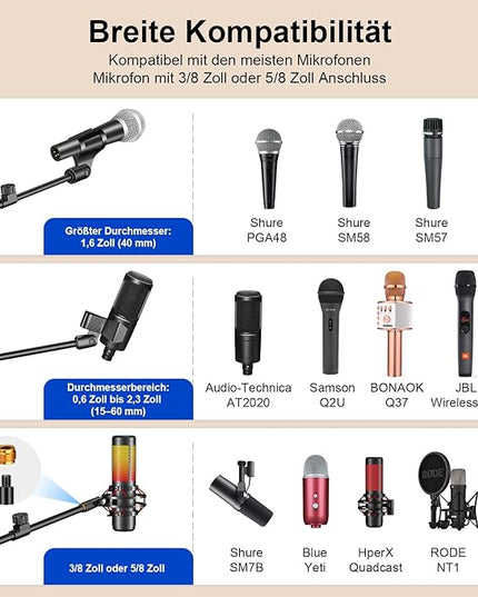 Microphone Stand, Tripod Boom Arm Floor Mic Stand Height Adjustable Heavy Duty with Carrying Bag 2 Mic Clips 3/8" to 5/8" Adapter for Singing Podcast for Blue Yeti Shure SM58 SM48 Samson Q2U