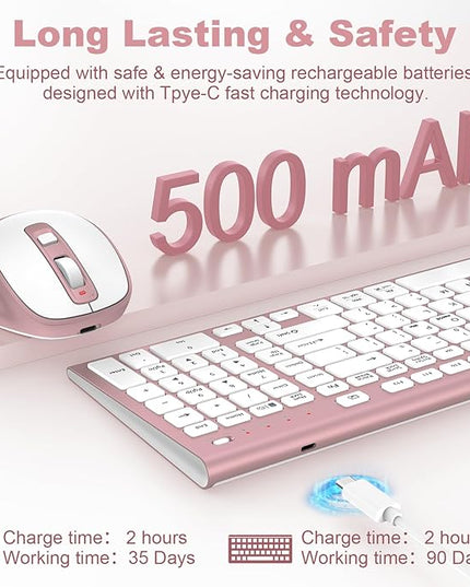 FENIFOX Wireless Keyboard and Mouse, Rechargeable USB C Combo Silent Quiet Compact Full Size Flat with Number Pad Soft Cover for Mac MacBook iMac Windows PC Laptop Computer Office - Pink & Rose Gold