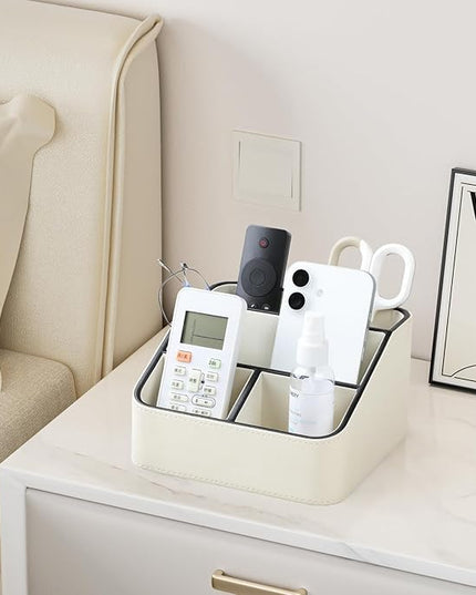 MEIBOOCH Remote Control Holder, PU Leather Small Desk Organizer with 4 Compartments, Nightstand Organizer Desk Caddy for Remote, Notepad, Phone, Glasses, and Accessories (Cream)