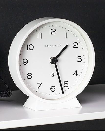 NEWGATE® M Mantel Echo Desk Clock | Modern Round Design | White | Easy to Read Numbers | Contemporary Style for Desk, Table, Shelf or Bedside