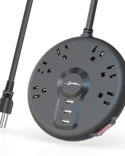 Power Strip, 6 Outlets and 3 USB Ports 6.5FT Long Extension Cord, Circle Socket Overload Surge Protector, 100% Copper Core, Flat Plug Charging Station Compact for Office, Home, Travel (Black)