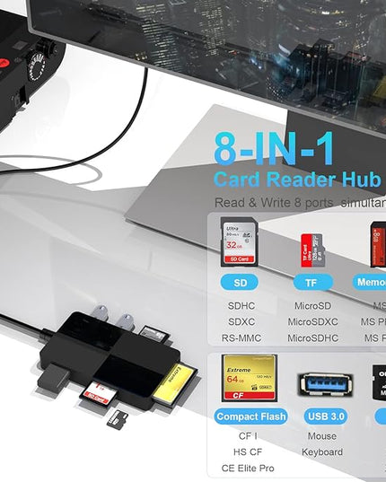 Memory Stick Pro Duo Adapter, USB C + USB 3.0 Multi Card Reader for MS/SD/TF/XD/CF/, 8 in 1 Memory Card Reader (USB A)
