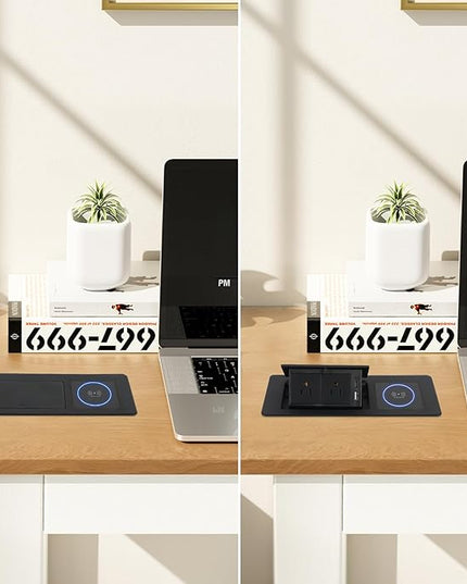 Pop Up Outlet with 15W Wireless Charger, Power Strip with 2 AC Outlets, USB A and USB C Charging Ports Recessed Multimedia Strip Socket Hidden Table Connection Box with Outlet (Black-F-Wireless)