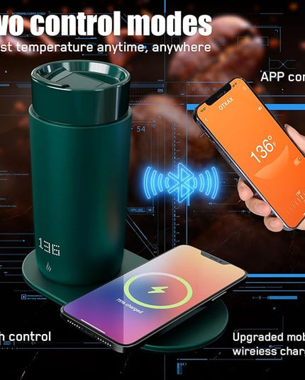 LEGARDLILIU Temperature Control Heated Coffee Mug Smart Self Heating Travel Mug 12 Oz App Controlled Warmer Mug 4-10 Hour LED Display Keep Coffee Hot Fast Wireless Charger Base Jade Green