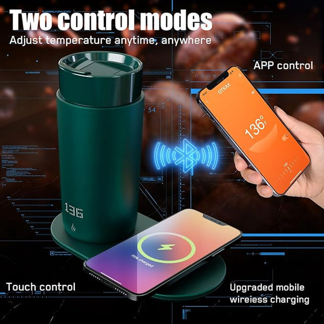 LEGARDLILIU Temperature Control Heated Coffee Mug Smart Self Heating Travel Mug 12 Oz App Controlled Warmer Mug 4-10 Hour LED Display Keep Coffee Hot Fast Wireless Charger Base Jade Green