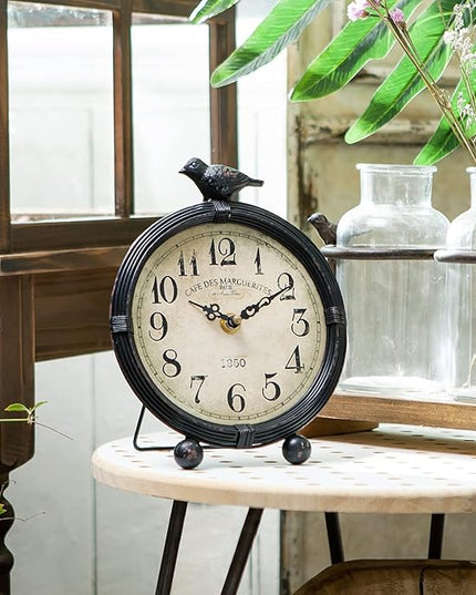 NIKKY HOME Vintage Table Clock with Bird, Metal Desk Clocks Battery Operated Black Retro Table Clock on Stand Decorative Desk Clock for Bedroom Living Room Shelf