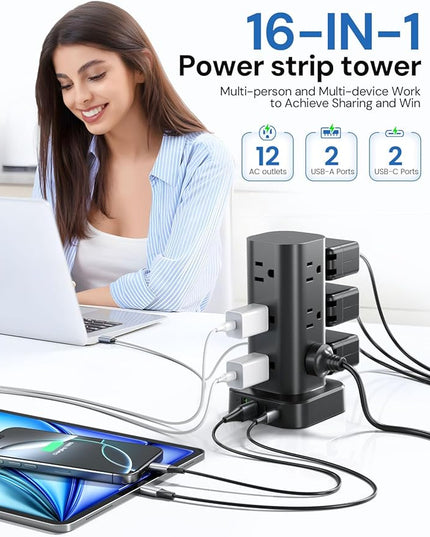 Tower Power Strip with Surge Protector - 12 AC Outlets & 4 USB Ports (2 USB-C), 6FT Extension Cord, Charging Station Tower for Home Office Dorm Travel (Black)