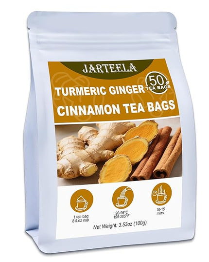 Jarteela - Turmeric Ginger Cinnamon Tea Bags - 2g x 50 Count - Premium Turmeric, Ginger, Cinnamon Herbal Tea Bags - Non-GMO - Caffeine-free - Support Overall Health