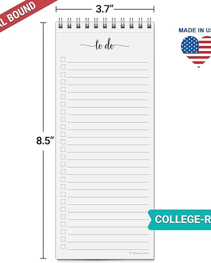 321Done Skinny to Do List Notepad, 3.7x8.5 Spiral - Made in USA, Undated Daily Checklist, Simple Stylish to-Dos Memo Pad for Planning, Tasks, Appointments, Reminders for Home, Office - 50 Sheets