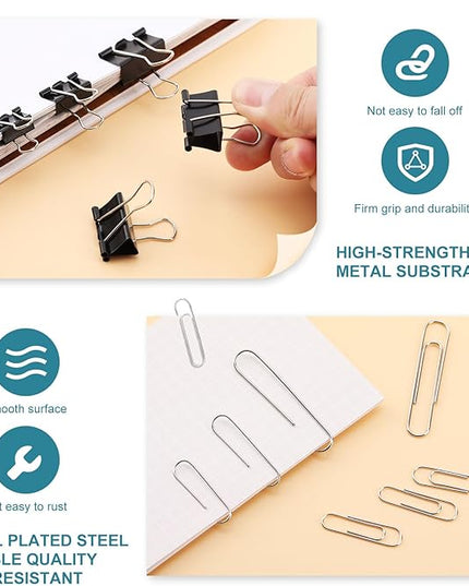 360 Pcs Paper Clips and Binder Clips Assorted Sizes, Large Medium Small Size Silver Paper Clips & Black Binder Clips with Container, for Office, Home, School Supplies