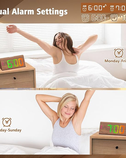 Wooden Digital Alarm Clock with Dual USB Charging Ports, DST, Dimmable, Snooze, RGB Colors, Modern Large Time Display LED Clock for Kids Bedrooms, Living Room, Desk, Table, Bedside, Nightstand (Brown)