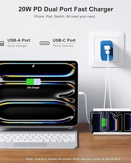 USB C Wall Charger, 3Pcs 20W PD + QC3.0 USBC Charger Block Super Fast Power Output Rapid Charging Box Wall Plug Cube for iPhone 16/17, Samsung Galaxy S24, Motorola, LG, Google Pixel 6Pro(Sea Blue)