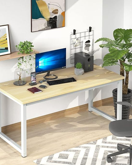 NSdirect 63" Computer Desk,Large Home Office Desk Wide Workstation 1 inch Thicker Tabletop for Writing,Games and Home Work PC Desk Modern Finish Wood Board and Sturdy Steel Legs,Oak+White