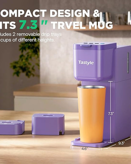 Single Serve Coffee Maker Hot and Iced with Bold Brew, Small Coffee Machine for K Cup and Ground, Fits 7.3'' Travel Mug, Brews up to 16 Oz, 5 Cup Sizes, Compact for Office, RV& Hotel, Lavender