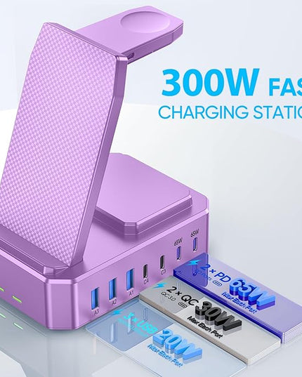 300W Charging Station for Multiple Devices Apple, Zutspzss 10 in 1 Wireless Charger for iPhone 16, GaN III USB C 65W PD Fast Charging Stand Dock for MacBook, Apple Watch&Airpods,Purple