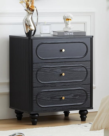 Fluted 3 Drawer Dresser for Bedroom, Modern Mid Century Chest of Drawers, Wood Storage Small Dresser Organizer for Bedroom Living Room Hallway Closet, Black