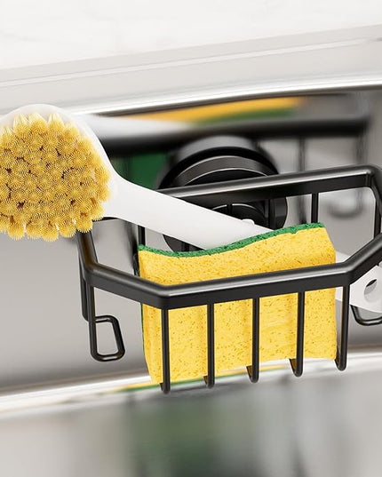 TAILI Sponge Holder with Strong Suction Cup, Dish Sponge Caddy Inside Sink Removable, Rustproof Aluminum for Sponges, Brushes, Stoppers and Scrapers - Black