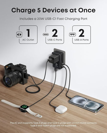 Anker Nano Travel Adapter, 5-Port Power Adapter with 1× 2-Pin AC, 2 USB A, 2 USB C for 20W, Smart Temperature Control, Works in 200+ Countries, Not a Voltage Converter, Travel Essentials (1-Pack)