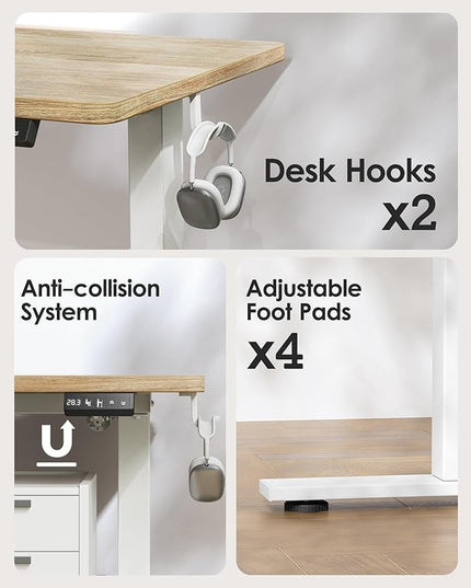 TIQLAB Height Adjustable Electric Standing Desk, 55 x 24 inch, Sit Stand Up Desk, Splice Board, Computer Home Office Desk, White Frame/Maple Top
