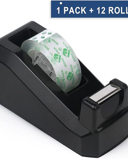BOMEI PACK Tape Dispensers Desk, 1 Pack Black with 12Rolls Transparent Tape, 1 Inch Core, for Gift Wrapping, School, Office and Home