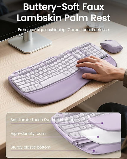 Purple Ergonomic Wireless Keyboard and Mouse Combo, Sablute 2.4G Full Size Ergo Wave Key Board with Cushioned Plam Rest, Natural Typing, 3 DPI Adjustable Silent Mouse for Computer/Laptop/Windows/Mac