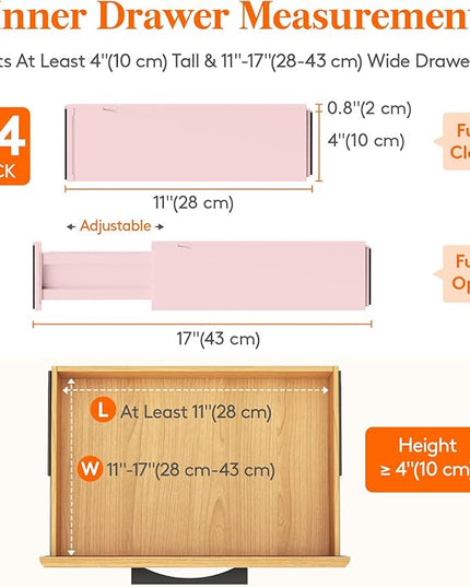 Lifewit 24 Pack Drawer Dividers 4" High, 11-17" Adjustable Dresser Drawer Organizers for Clothes, Expandable Dresser Separators in Bedroom/Bathroom/Kitchen/Vanity/Office Organization and Storage,Pink