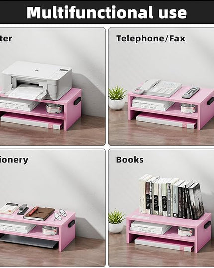 Marbrasse Monitor Stand Riser, 16.5 Inch 2 Tier Computer Printer Shelf Stand for Laptop Computer Screen Storage, Desktop Stand with Phone Holder and Cable Management (Pink)
