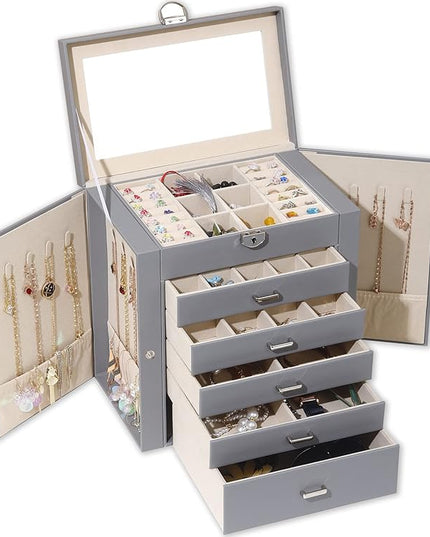 BOOVO Jewelry Box For women, 6 Layer Large Jewelry Organizer With Mirror, Multi-Function Storage Box With Lock, Accessory Holder With 5 Drawers, For Earrings Necklace Ring Bracelet (Gray)