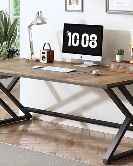 HSH Rustic Long Computer Desk, Industrial Large Wood Metal Office Table, Writing Work Study Station, Farmhouse Workstation Gaming Executive for 2 Person, Rustic Oak, 70 Inch
