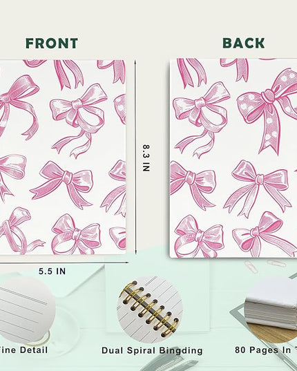 JKMBN Trendy Coquette Pink Bow Jonrnaling Notebooks, Aesthetic Spiral Notebook for Girls, Preppy Pink Journal Notebook, Pink Office Supplies, Hardcover Spiral Notebooks College Ruled 5.5 x 8.3