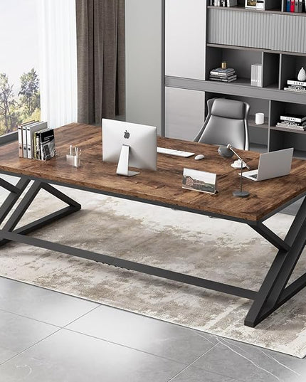 HSH Rustic 70.8" Computer Desk, Extra Large Industrial Home Office Desk, Long Modern Work Executive Pc Desk Study Writing table, Dual monitor Metal Wood Double Workstation for Two Person, Rustic Brown