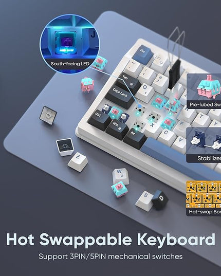 RedThunder K95 Wireless Mechanical Keyboard, TFT Screen & Knob, Tri-Mode BT5.0/2.4GHz/USB-C Hot Swappable Custom, Pre-lubed Linear Switches, Gasket Structure, RGB Gaming Keyboard, Snowy White-Blue