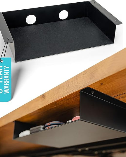 COREMINDED Under Desk Storage Shelf - Carbon Steel Under Desk Tray with Cable Management, Mountable Add-On Shelf for Table & Office Desks (13" x 8" x 2.8")