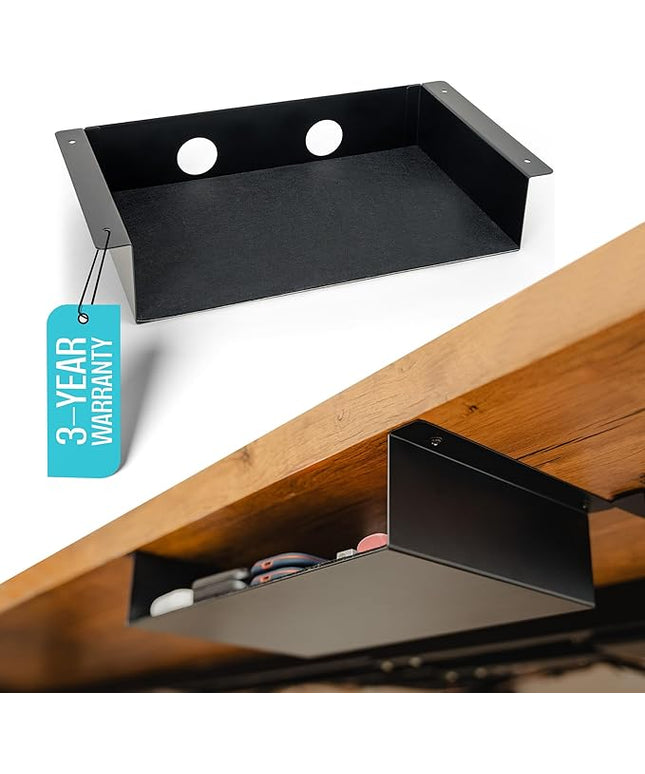 COREMINDED Under Desk Storage Shelf - Carbon Steel Under Desk Tray with Cable Management, Mountable Add-On Shelf for Table & Office Desks (13" x 8" x 2.8")