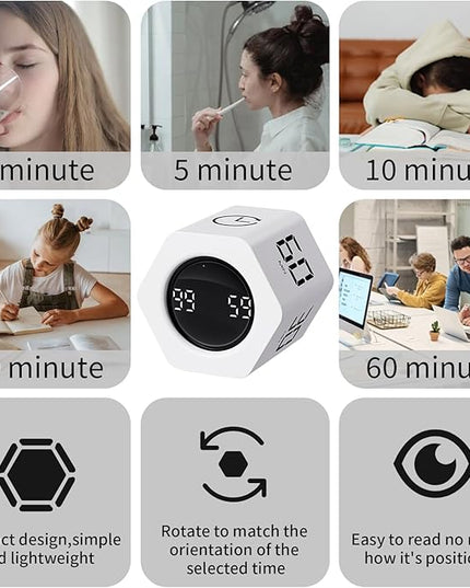 Productivity Timer Flip Gravity Sensor Pomodoro Cube Timer Countdown & Countup,1/5/10/30/60min Preset & Custom Timing, Mute/Vibrate/Sound for ADHD,Work,Study,Kitchen(1, White Hexagon)
